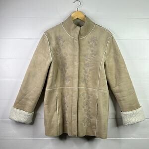 IZOD Tan‎ Cream Sherpa Suede Snap Button Up Embroidered Jacket Size Medium